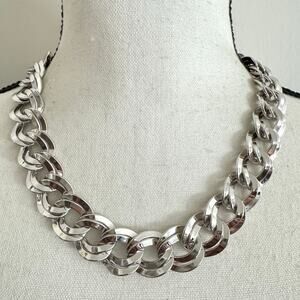 Vintage Monet Double Chunky Curb Link Collar Necklace Silver Tone Signed Chic